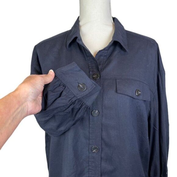 Jason Wu Linen Navy Button Front Collared 3/4 Sleeve Bomber Shacket Size Large - Picture 2 of 10